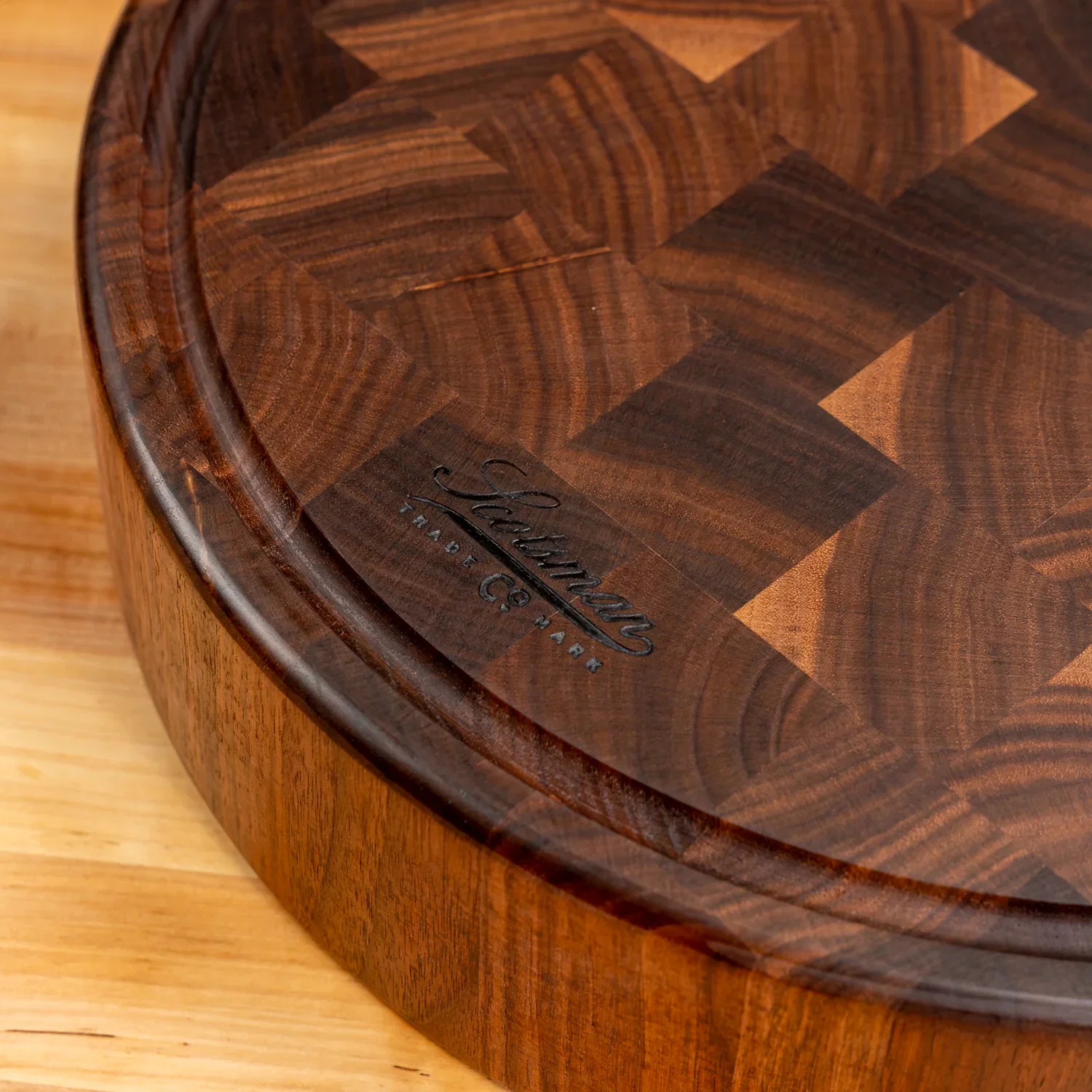 Walnut End Grain Round Butcher Block with Juice Groove - Image 11