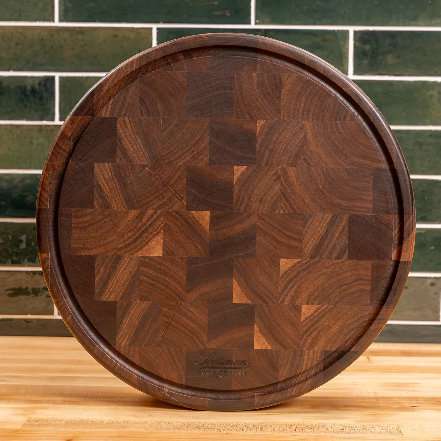 Walnut End Grain Round Butcher Block with Juice Groove - Image 9